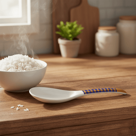 Supreme White Melamine Rice Spoon with Royal Blue & Golden Checkered Design, Durable Kitchen Serving Utensil – 8.5 Inch - Al Kabayel Discount CentreSupreme White Melamine Rice Spoon with Royal Blue & Golden Checkered Design, Durable Kitchen Serving Utensil – 8.5 InchSpatulas And SpoonsSUPREMEAl Kabayel Discount Centre