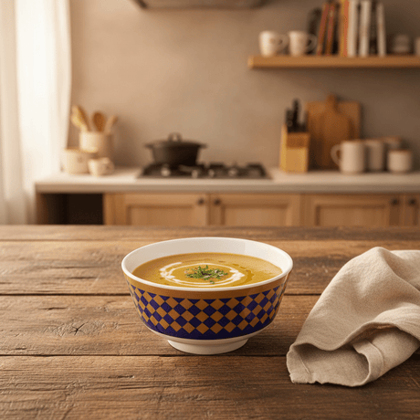 Supreme White Melamine Soup Bowl with Royal Blue & Golden Checkered Design, Compact Bowl for Snacks & Soups – 4.5 Inch - Al Kabayel Discount CentreSupreme White Melamine Soup Bowl with Royal Blue & Golden Checkered Design, Compact Bowl for Snacks & Soups – 4.5 InchBowlsSUPREMEAl Kabayel Discount Centre