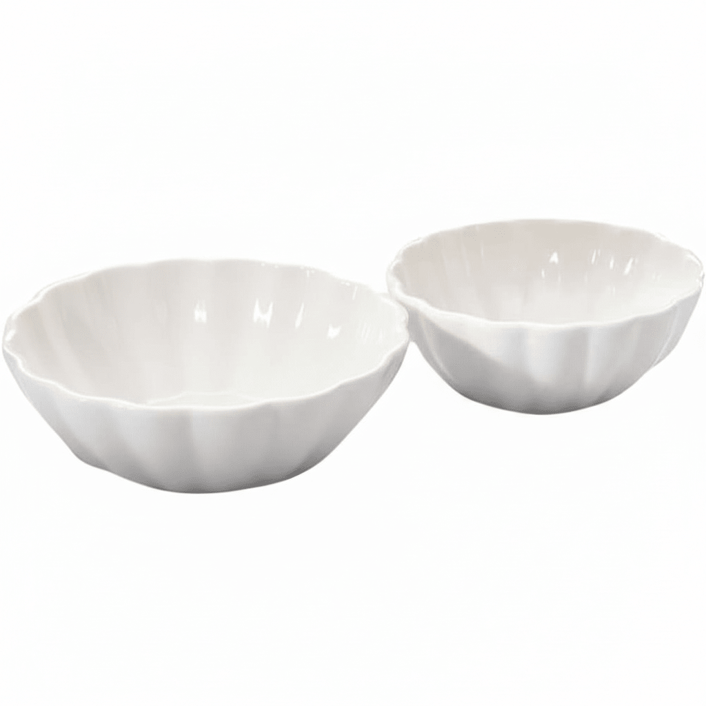 Symphony Groove Dip Set – 2 White Ceramic Dishes (10×3 cm & 8×3 cm) - Al Kabayel Discount CentreSymphony Groove Dip Set – 2 White Ceramic Dishes (10×3 cm & 8×3 cm)BowlsSYMPHONYAl Kabayel Discount Centre