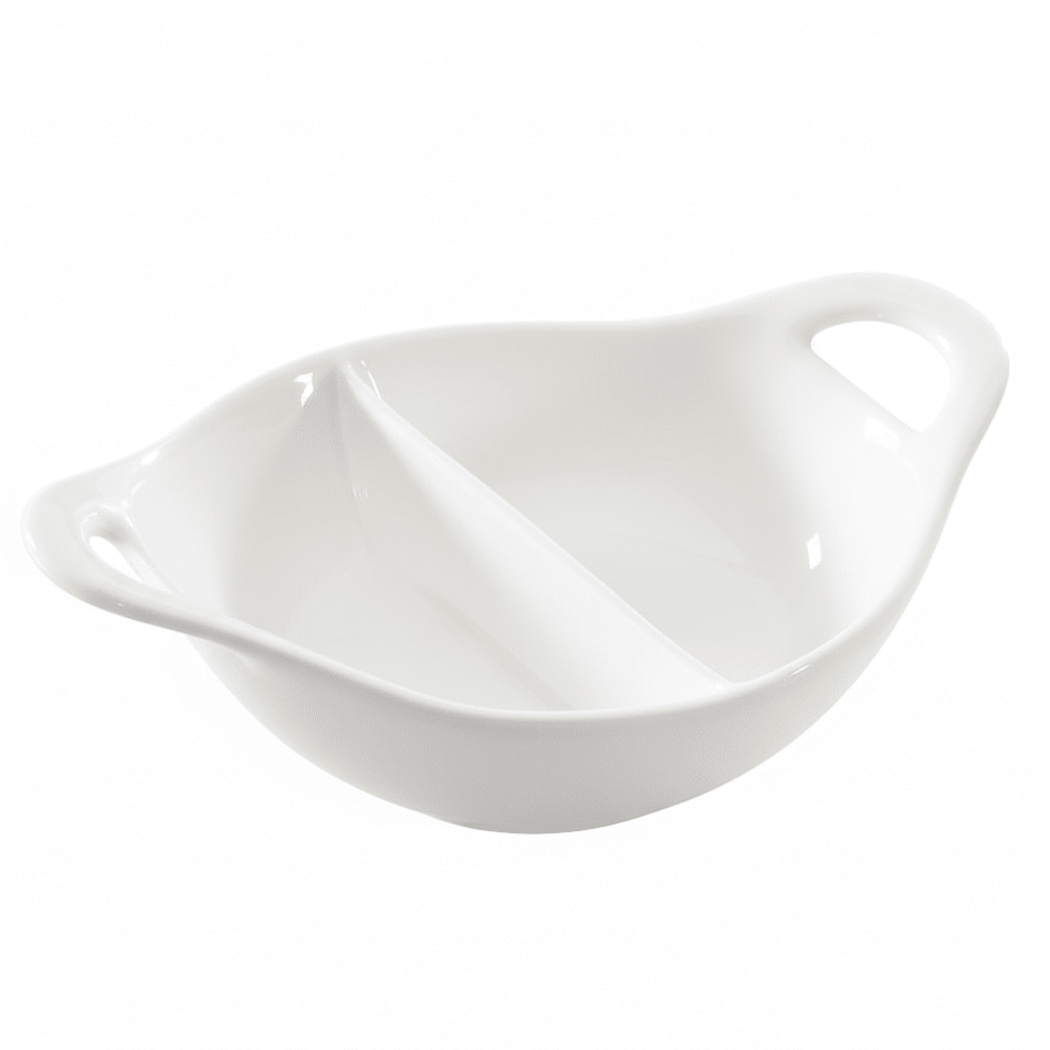 Symphony White Ceramic Divided Dip Bowl with Handles – 12.5 x 15.5 cm - Al Kabayel Discount CentreSymphony White Ceramic Divided Dip Bowl with Handles – 12.5 x 15.5 cmBowlsSYMPHONYAl Kabayel Discount Centre