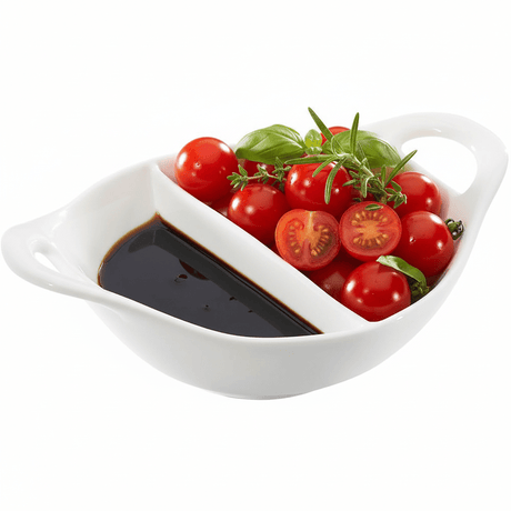 Symphony White Ceramic Divided Dip Bowl with Handles – 12.5 x 15.5 cm - Al Kabayel Discount CentreSymphony White Ceramic Divided Dip Bowl with Handles – 12.5 x 15.5 cmBowlsSYMPHONYAl Kabayel Discount Centre
