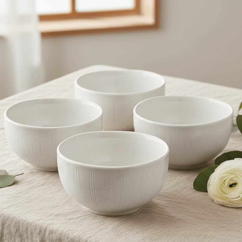 Symphony White Ceramic Linen Footed Bowls – Set of 4, 11×11×6 cm - Al Kabayel Discount CentreSymphony White Ceramic Linen Footed Bowls – Set of 4, 11×11×6 cmBowlsSYMPHONYAl Kabayel Discount Centre
