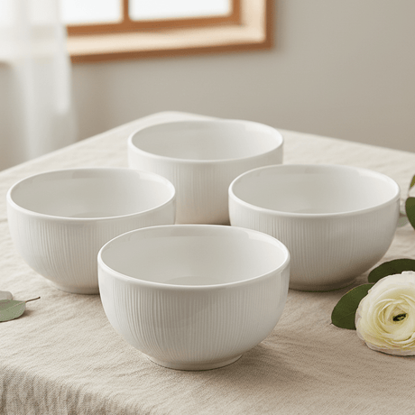 Symphony White Ceramic Linen Footed Bowls – Set of 4, 11×11×6 cm - Al Kabayel Discount CentreSymphony White Ceramic Linen Footed Bowls – Set of 4, 11×11×6 cmBowlsSYMPHONYAl Kabayel Discount Centre