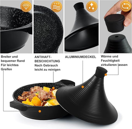 Tagine Pot - Moroccan Tagine 28 cm Non - Stick Coating Aluminium with Conical Shape and wooden knobs (28 cm Black) - Al Kabayel Discount CentreTagine Pot - Moroccan Tagine 28 cm Non - Stick Coating Aluminium with Conical Shape and wooden knobs (28 cm Black)Cookware SetAKDCAl Kabayel Discount Centre
