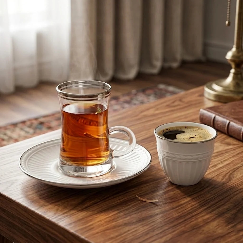 طقم أكواب شاي وقهوة أنجيلا مع أطباق – 18 قطعة – زجاج شفاف وسيراميك أبيض بحافة فضية BG-77