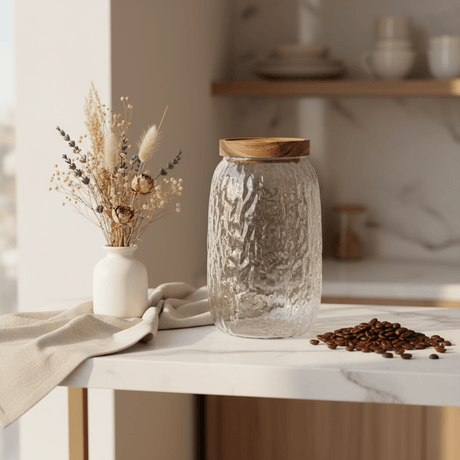 Textured Glass Storage Jar with Wooden Lid – 1800ml - Al Kabayel Discount CentreTextured Glass Storage Jar with Wooden Lid – 1800mlJars & Food SaversAKDCAl Kabayel Discount Centre
