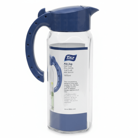 Titiz Alâ Jug 1500ml | Clear Glass Water Jug with Flip Lid | Kitchen Carafe | Navy blue,White,Grey | - Al Kabayel Discount CentreTitiz Alâ Jug 1500ml | Clear Glass Water Jug with Flip Lid | Kitchen Carafe | Navy blue,White,Grey |JugsTITIZAl Kabayel Discount Centre
