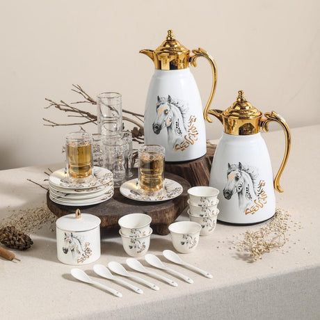 Ugarit Heritage White & Gold Tea and Coffee Serving Set with Elegant Horse Artwork – 21 Pieces - Al Kabayel Discount CentreUgarit Heritage White & Gold Tea and Coffee Serving Set with Elegant Horse Artwork – 21 PiecesTea SetsUGARITAl Kabayel Discount Centre