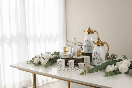 Ugarit Heritage White & Gold Tea and Coffee Serving Set with Elegant Horse Artwork – 21 Pieces - Al Kabayel Discount CentreUgarit Heritage White & Gold Tea and Coffee Serving Set with Elegant Horse Artwork – 21 PiecesTea SetsUGARITAl Kabayel Discount Centre