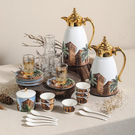 Ugarit White & Gold Arabic Art Inspired 21 - Piece Tea and Coffee Serving Set – Design - Al Kabayel Discount CentreUgarit White & Gold Arabic Art Inspired 21 - Piece Tea and Coffee Serving Set – DesignTea SetsUGARITAl Kabayel Discount Centre