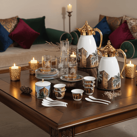 Ugarit White & Gold Arabic Art Inspired 21 - Piece Tea and Coffee Serving Set – Design - Al Kabayel Discount CentreUgarit White & Gold Arabic Art Inspired 21 - Piece Tea and Coffee Serving Set – DesignTea SetsUGARITAl Kabayel Discount Centre