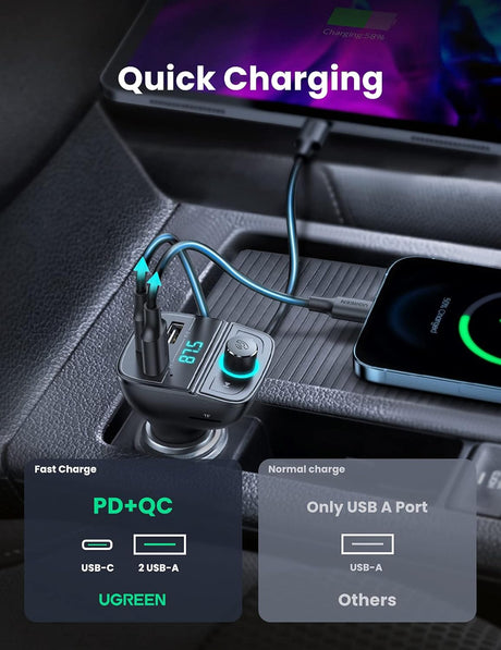 UGREEN Bluetooth FM Transmitter Car Charger(5.0+PD+QC3.0+USB Flash Drive+TF), 31.5W Output Power, Black - CD229 - Al Kabayel Discount CentreUGREEN Bluetooth FM Transmitter Car Charger(5.0+PD+QC3.0+USB Flash Drive+TF), 31.5W Output Power, Black - CD229Cords & AdaptersUGREENAl Kabayel Discount Centre