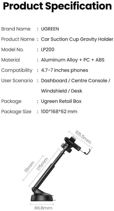 UGREEN Gravity Phone Holder with Suction Cup, Car Phone Mount, Black - LP200 - Al Kabayel Discount CentreUGREEN Gravity Phone Holder with Suction Cup, Car Phone Mount, Black - LP200Mobile AccessoriesUGREENAl Kabayel Discount Centre