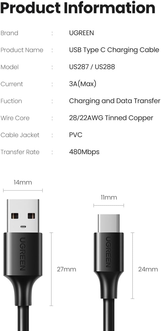 UGREEN USB - A to USB - C Fast Charging Cable 1 Meter, 480Mbps - 3A Max, Charging & Data Sync, Black - US287 - Al Kabayel Discount CentreUGREEN USB - A to USB - C Fast Charging Cable 1 Meter, 480Mbps - 3A Max, Charging & Data Sync, Black - US287Cords & AdaptersUGREENAl Kabayel Discount Centre