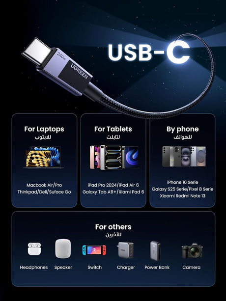 UGREEN USB - C to USB - C PD Fast Charging Cable 1 Meter, Charging & Data Sync, 240W Max Power, Space Grey - L513 - Al Kabayel Discount CentreUGREEN USB - C to USB - C PD Fast Charging Cable 1 Meter, Charging & Data Sync, 240W Max Power, Space Grey - L513Cords & AdaptersUGREENAl Kabayel Discount Centre