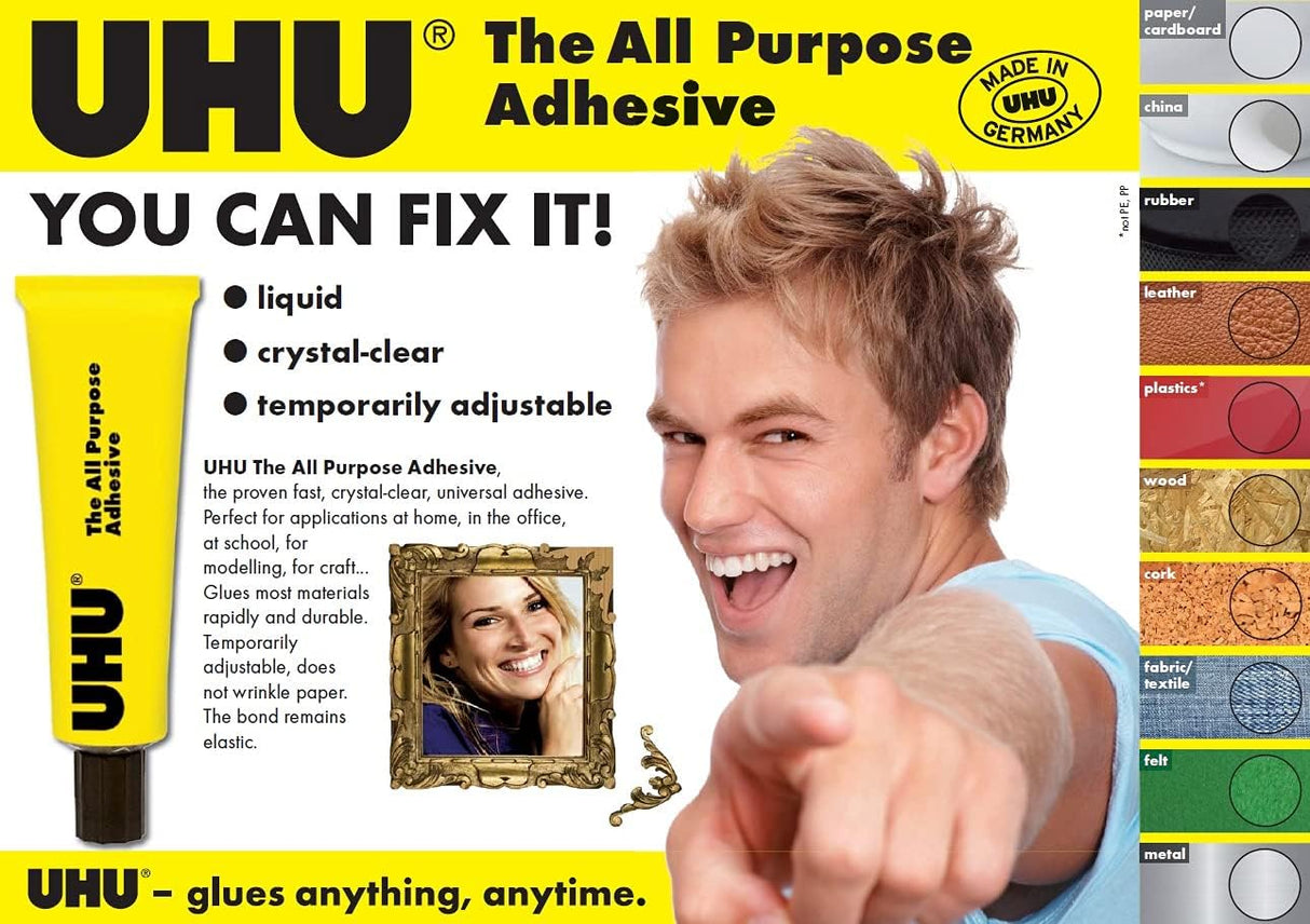 UHU All Purpose Adhesive, the tried and tested universal glue for almost all gluing cases like crafts and repair, Tube - 35ML Transparent - Al Kabayel Discount CentreUHU All Purpose Adhesive, the tried and tested universal glue for almost all gluing cases like crafts and repair, Tube - 35ML TransparentGlueUHUAl Kabayel Discount Centre