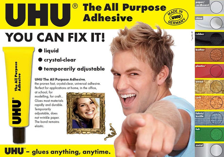 UHU All Purpose Adhesive, the tried and tested universal glue for almost all gluing cases like crafts and repair, Tube - 35ML Transparent - Al Kabayel Discount CentreUHU All Purpose Adhesive, the tried and tested universal glue for almost all gluing cases like crafts and repair, Tube - 35ML TransparentGlueUHUAl Kabayel Discount Centre