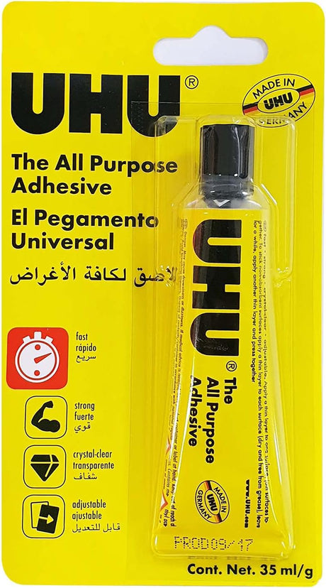 UHU All Purpose Adhesive, the tried and tested universal glue for almost all gluing cases like crafts and repair, Tube - 35ML Transparent - Al Kabayel Discount CentreUHU All Purpose Adhesive, the tried and tested universal glue for almost all gluing cases like crafts and repair, Tube - 35ML TransparentGlueUHUAl Kabayel Discount Centre