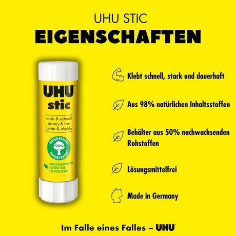 UHU stic the proven glue stick, strong, fast, solvent free, clean, safe & sustainable for school, home, office, kids, arts and crafts, 98% natural, now packed in 50% recycled plastic - 8.2g pack of 5 - Al Kabayel Discount CentreUHU stic the proven glue stick, strong, fast, solvent free, clean, safe & sustainable for school, home, office, kids, arts and crafts, 98% natural, now packed in 50% recycled plastic - 8.2g pack of 5GlueUHUAl Kabayel Discount Centre
