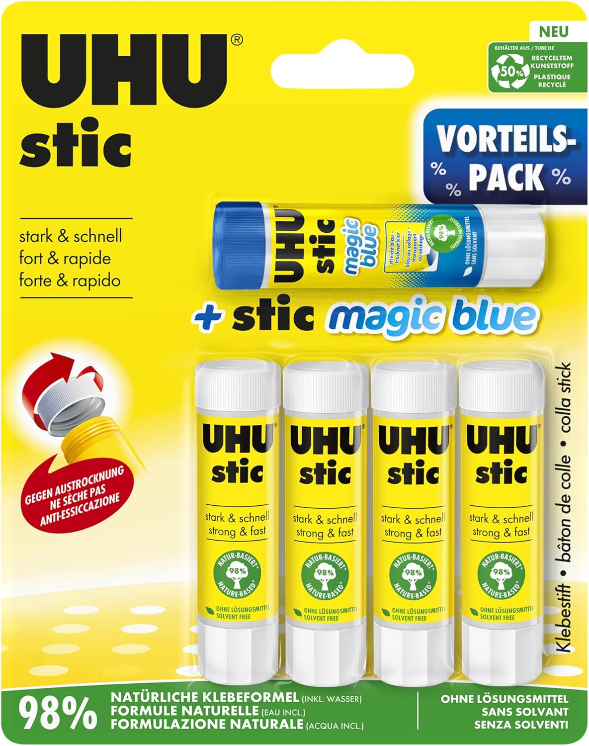 UHU stic the proven glue stick, strong, fast, solvent free, clean, safe & sustainable for school, home, office, kids, arts and crafts, 98% natural, now packed in 50% recycled plastic - 8.2g pack of 5 - Al Kabayel Discount CentreUHU stic the proven glue stick, strong, fast, solvent free, clean, safe & sustainable for school, home, office, kids, arts and crafts, 98% natural, now packed in 50% recycled plastic - 8.2g pack of 5GlueUHUAl Kabayel Discount Centre