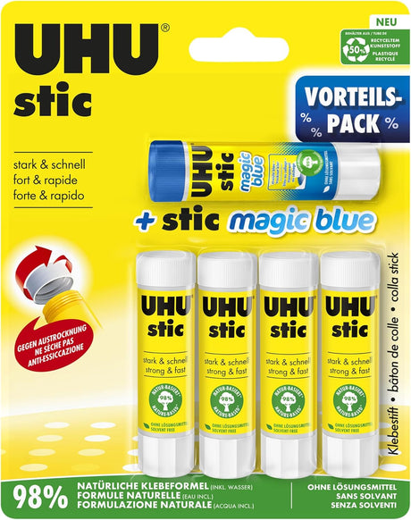 UHU stic the proven glue stick, strong, fast, solvent free, clean, safe & sustainable for school, home, office, kids, arts and crafts, 98% natural, now packed in 50% recycled plastic - 8.2g pack of 5 - Al Kabayel Discount CentreUHU stic the proven glue stick, strong, fast, solvent free, clean, safe & sustainable for school, home, office, kids, arts and crafts, 98% natural, now packed in 50% recycled plastic - 8.2g pack of 5GlueUHUAl Kabayel Discount Centre