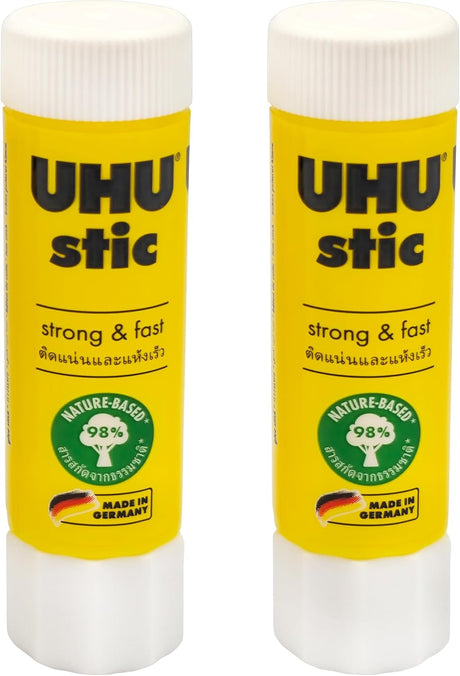 UHU stic the proven glue stick, strong, fast, solvent free, clean, safe & sustainable for school, home, office, kids, arts and crafts, 98% natural, now packed in 50% recycled plastic - 8.2g pack of 2 - Al Kabayel Discount CentreUHU stic the proven glue stick, strong, fast, solvent free, clean, safe & sustainable for school, home, office, kids, arts and crafts, 98% natural, now packed in 50% recycled plastic - 8.2g pack of 2GlueUHUAl Kabayel Discount Centre