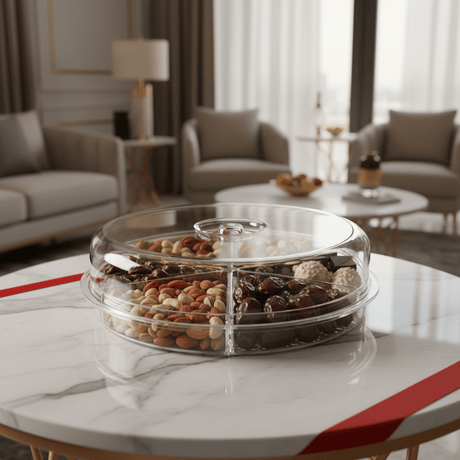 Vague Round Acrylic Candy Box with 4 Inner Bowls | Clear Divided Serving Tray with Dome Lid | 31.5 x 31.5 x 9 cm - Al Kabayel Discount CentreVague Round Acrylic Candy Box with 4 Inner Bowls | Clear Divided Serving Tray with Dome Lid | 31.5 x 31.5 x 9 cmJars & Food SaversVAGUEAl Kabayel Discount Centre