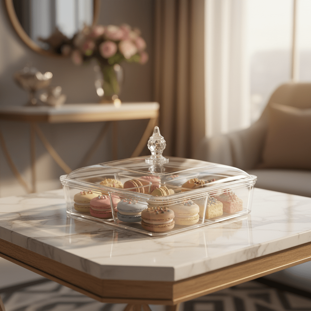Vague Square Acrylic Candy & Sweets Box with 4 Inner Bowls and Lid | 27.5 x 27.5 x 16.5 cm - Al Kabayel Discount CentreVague Square Acrylic Candy & Sweets Box with 4 Inner Bowls and Lid | 27.5 x 27.5 x 16.5 cmJars & Food SaversVAGUEAl Kabayel Discount Centre