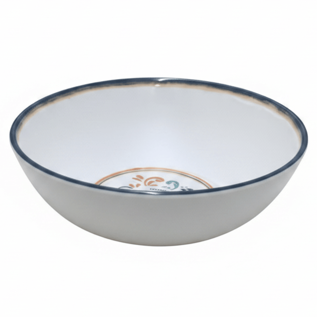 Vague White Melamine Bowl with Navy Blue Rim & Floral Design — 5.25 Inch - Al Kabayel Discount CentreVague White Melamine Bowl with Navy Blue Rim & Floral Design — 5.25 InchBowlsVAGUEAl Kabayel Discount Centre