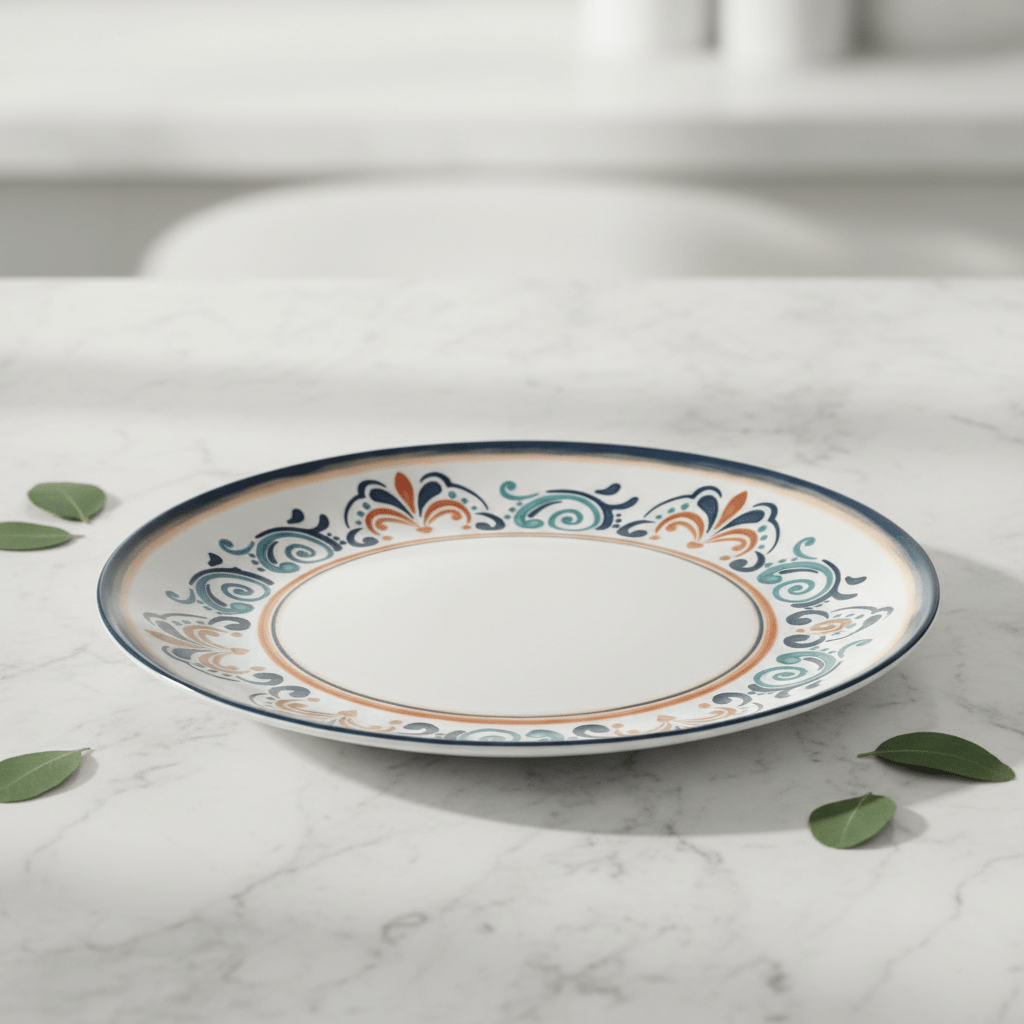 Vague White Melamine Dinner Plate | Navy Blue Ornate Design | 10.5 Inch - Al Kabayel Discount CentreVague White Melamine Dinner Plate | Navy Blue Ornate Design | 10.5 InchPlatesVAGUEAl Kabayel Discount Centre