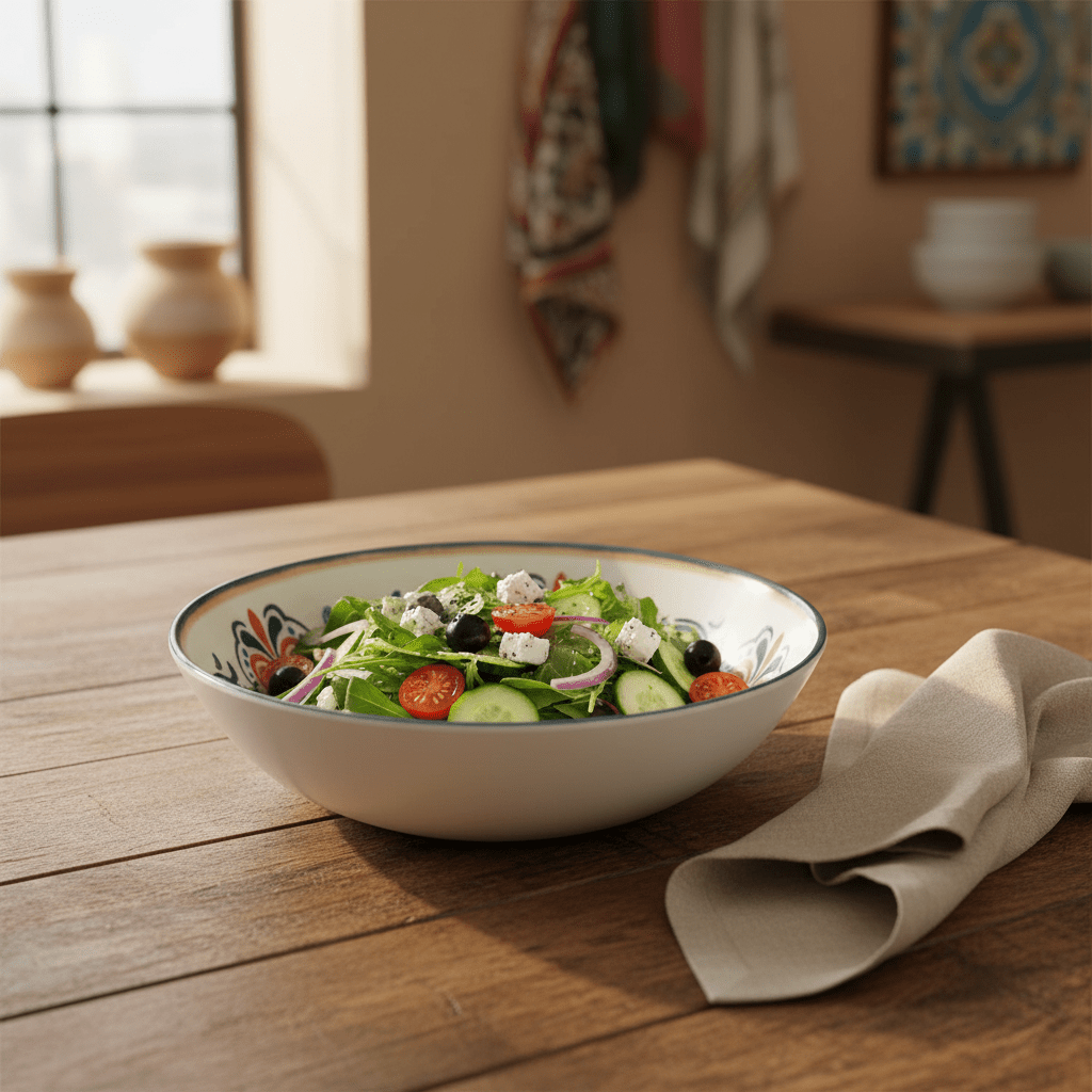 Vague White Melamine Salad Bowl with Navy Blue Arabesque Design & Rim — 7.5 Inch - Al Kabayel Discount CentreVague White Melamine Salad Bowl with Navy Blue Arabesque Design & Rim — 7.5 InchBowlsVAGUEAl Kabayel Discount Centre