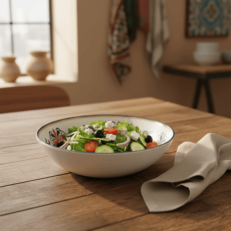 Vague White Melamine Salad Bowl with Navy Blue Arabesque Design & Rim — 7.5 Inch - Al Kabayel Discount CentreVague White Melamine Salad Bowl with Navy Blue Arabesque Design & Rim — 7.5 InchBowlsVAGUEAl Kabayel Discount Centre
