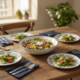 Vague White Melamine Serving Bowl with Navy Blue Arabesque Design & Rim — 11 Inch - Al Kabayel Discount CentreVague White Melamine Serving Bowl with Navy Blue Arabesque Design & Rim — 11 InchBowlsVAGUEAl Kabayel Discount Centre