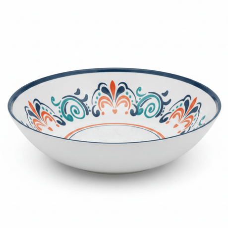 Vague White Melamine Serving Bowl with Navy Blue Arabesque Design & Rim — 11 Inch - Al Kabayel Discount CentreVague White Melamine Serving Bowl with Navy Blue Arabesque Design & Rim — 11 InchBowlsVAGUEAl Kabayel Discount Centre