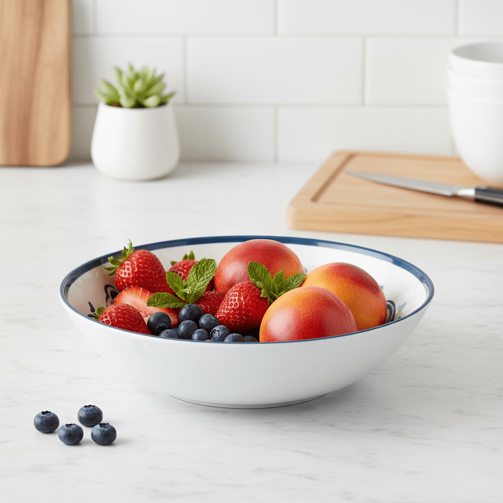 Vague White Melamine Serving Bowl with Navy Blue Arabesque Design & Rim — 11 Inch - Al Kabayel Discount CentreVague White Melamine Serving Bowl with Navy Blue Arabesque Design & Rim — 11 InchBowlsVAGUEAl Kabayel Discount Centre