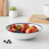 Vague White Melamine Serving Bowl with Navy Blue Arabesque Design & Rim — 11 Inch - Al Kabayel Discount CentreVague White Melamine Serving Bowl with Navy Blue Arabesque Design & Rim — 11 InchBowlsVAGUEAl Kabayel Discount Centre
