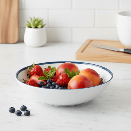Vague White Melamine Serving Bowl with Navy Blue Arabesque Design & Rim — 11 Inch - Al Kabayel Discount CentreVague White Melamine Serving Bowl with Navy Blue Arabesque Design & Rim — 11 InchBowlsVAGUEAl Kabayel Discount Centre
