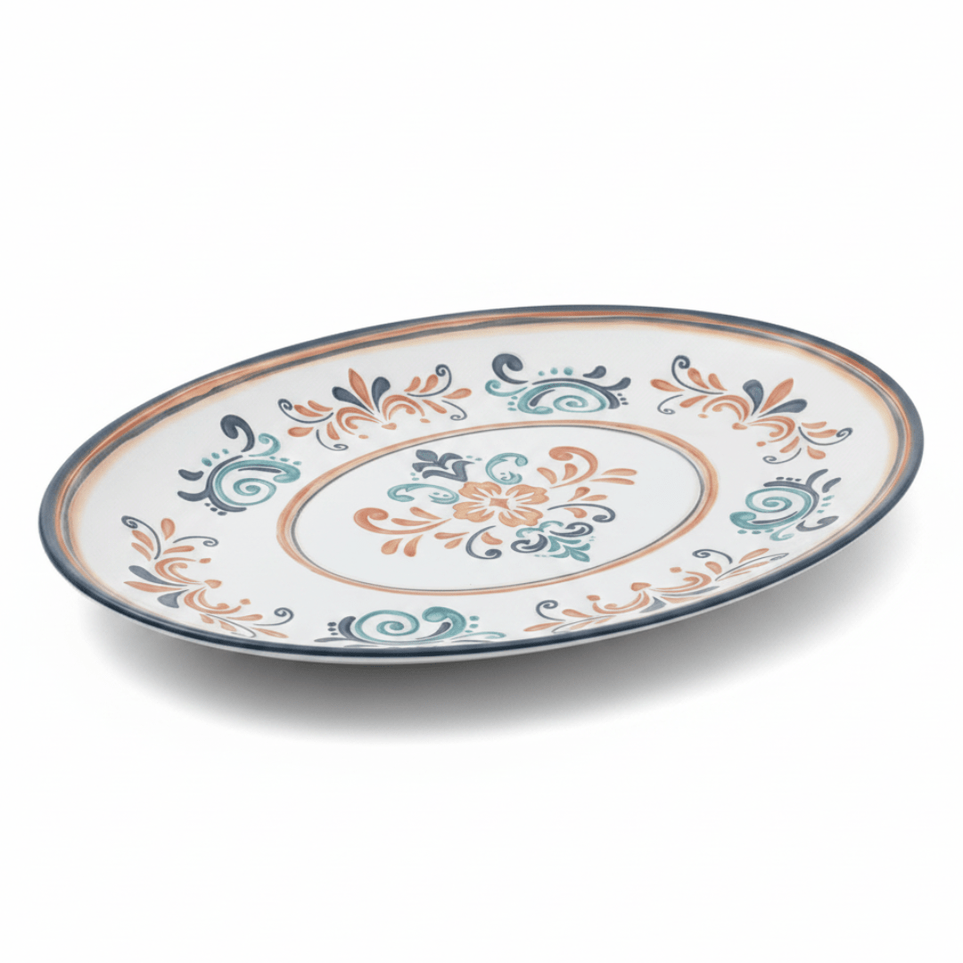 Vague White Oval Melamine Serving Plate with Navy Blue Folk Art Design & Rim — 14 Inch - Al Kabayel Discount CentreVague White Oval Melamine Serving Plate with Navy Blue Folk Art Design & Rim — 14 InchPlatesVAGUEAl Kabayel Discount Centre