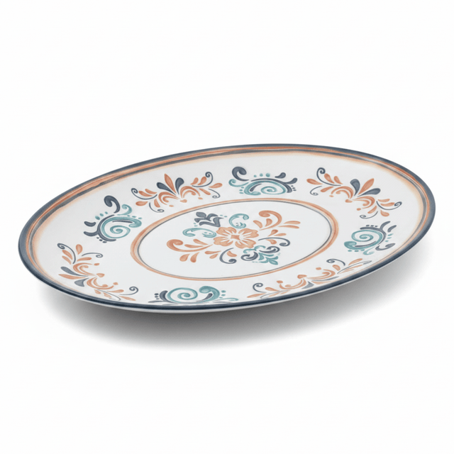 Vague White Oval Melamine Serving Plate with Navy Blue Folk Art Design & Rim — 14 Inch - Al Kabayel Discount CentreVague White Oval Melamine Serving Plate with Navy Blue Folk Art Design & Rim — 14 InchPlatesVAGUEAl Kabayel Discount Centre