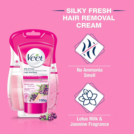 Veet Silk & Fresh In Shower Hair Removal Cream, Normal Skin - 150g - Al Kabayel Discount CentreVeet Silk & Fresh In Shower Hair Removal Cream, Normal Skin - 150gPersonal Care & Styling ToolsVEETAl Kabayel Discount Centre