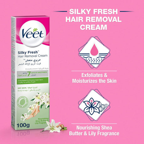 Veet Silky Fresh Hair Removal Cream, Nourishing Shea Butter & Lily Scent - 100g - Al Kabayel Discount CentreVeet Silky Fresh Hair Removal Cream, Nourishing Shea Butter & Lily Scent - 100gPersonal Care & Styling ToolsVEETAl Kabayel Discount Centre