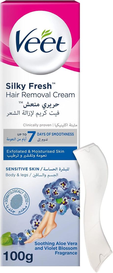 Veet Silky Fresh Hair Removal Cream, Soothing Aloe Vera & Violet Blossom Scent - 100g - Al Kabayel Discount CentreVeet Silky Fresh Hair Removal Cream, Soothing Aloe Vera & Violet Blossom Scent - 100gPersonal Care & Styling ToolsVEETAl Kabayel Discount Centre