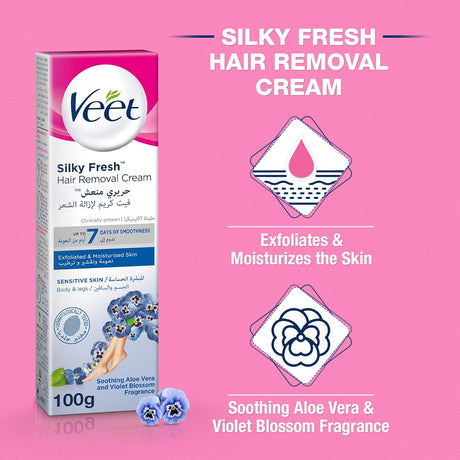 Veet Silky Fresh Hair Removal Cream, Soothing Aloe Vera & Violet Blossom Scent - 100g - Al Kabayel Discount CentreVeet Silky Fresh Hair Removal Cream, Soothing Aloe Vera & Violet Blossom Scent - 100gPersonal Care & Styling ToolsVEETAl Kabayel Discount Centre