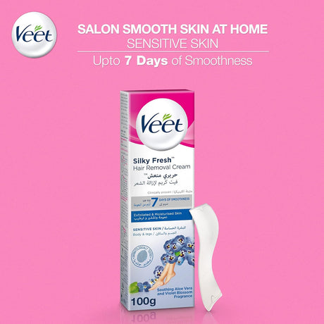 Veet Silky Fresh Hair Removal Cream, Soothing Aloe Vera & Violet Blossom Scent - 100g - Al Kabayel Discount CentreVeet Silky Fresh Hair Removal Cream, Soothing Aloe Vera & Violet Blossom Scent - 100gPersonal Care & Styling ToolsVEETAl Kabayel Discount Centre
