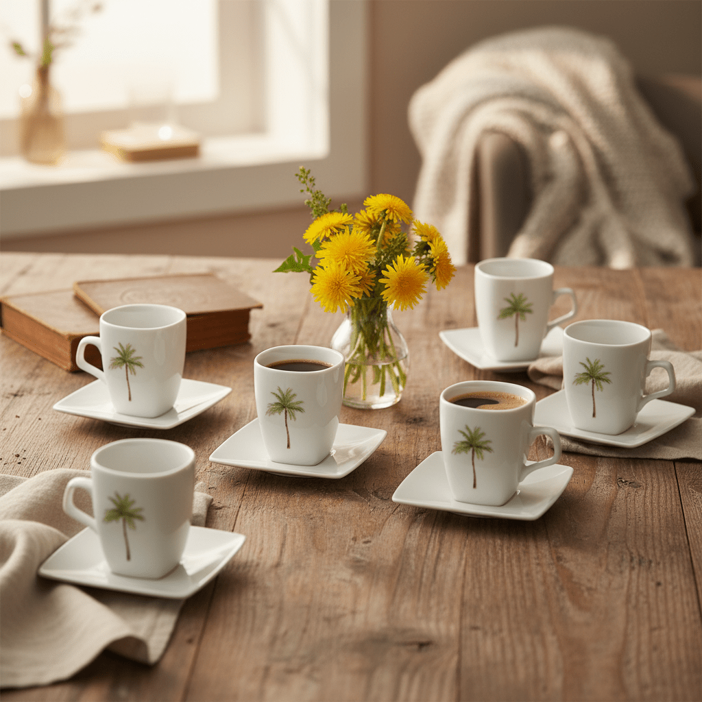 Velvet White Ceramic Cup & Saucer Set With Palm Tree Design – 12 Piece Set | 120ml - Al Kabayel Discount CentreVelvet White Ceramic Cup & Saucer Set With Palm Tree Design – 12 Piece Set | 120mlTea SetsVELVETAl Kabayel Discount Centre