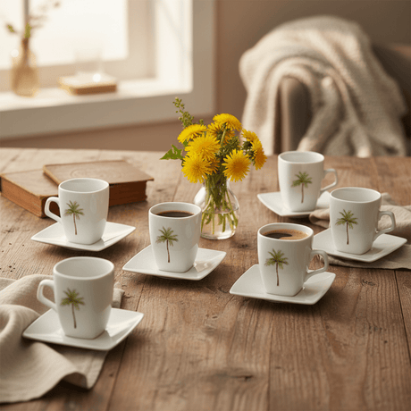 Velvet White Ceramic Cup & Saucer Set With Palm Tree Design – 12 Piece Set | 120ml - Al Kabayel Discount CentreVelvet White Ceramic Cup & Saucer Set With Palm Tree Design – 12 Piece Set | 120mlTea SetsVELVETAl Kabayel Discount Centre