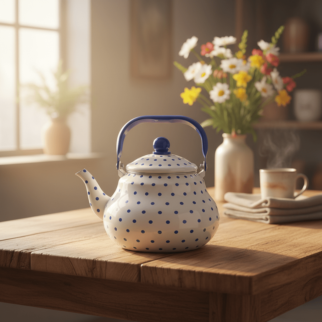 Velvet White Enamel Kettle with Blue Polka Print — 2 Litre - Al Kabayel Discount CentreVelvet White Enamel Kettle with Blue Polka Print — 2 LitreTea/Coffee PotsVELVETAl Kabayel Discount Centre