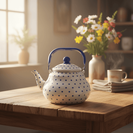 Velvet White Enamel Kettle with Blue Polka Print — 2 Litre - Al Kabayel Discount CentreVelvet White Enamel Kettle with Blue Polka Print — 2 LitreTea/Coffee PotsVELVETAl Kabayel Discount Centre