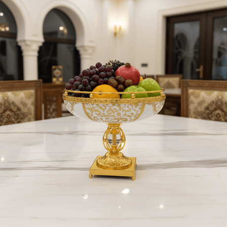 Veranese Luxury Golden Metal Footed White Ceramic Fruit Bowl Decorative Serving Bowl 28×22cm - Al Kabayel Discount CentreVeranese Luxury Golden Metal Footed White Ceramic Fruit Bowl Decorative Serving Bowl 28×22cmBowlsVERANESEAl Kabayel Discount Centre