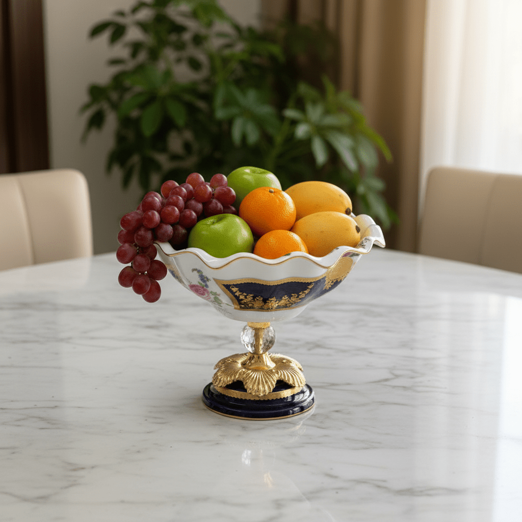 Veranese Premium Footed Ceramic and Metal Fruit Serving Bowl White and Navy Blue with Gold Floral Design 24×21 cm Luxury Decor - Al Kabayel Discount CentreVeranese Premium Footed Ceramic and Metal Fruit Serving Bowl White and Navy Blue with Gold Floral Design 24×21 cm Luxury DecorBowlsVERANESEAl Kabayel Discount Centre
